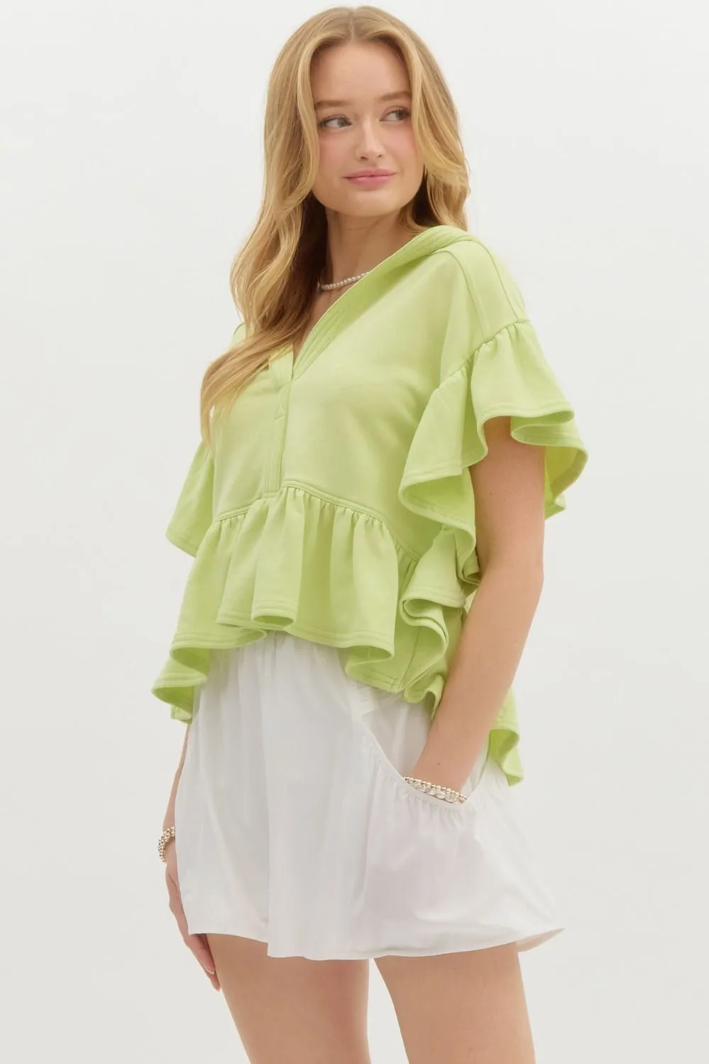 Oversized French Terry Flutter Short Sleeve Hooded Top