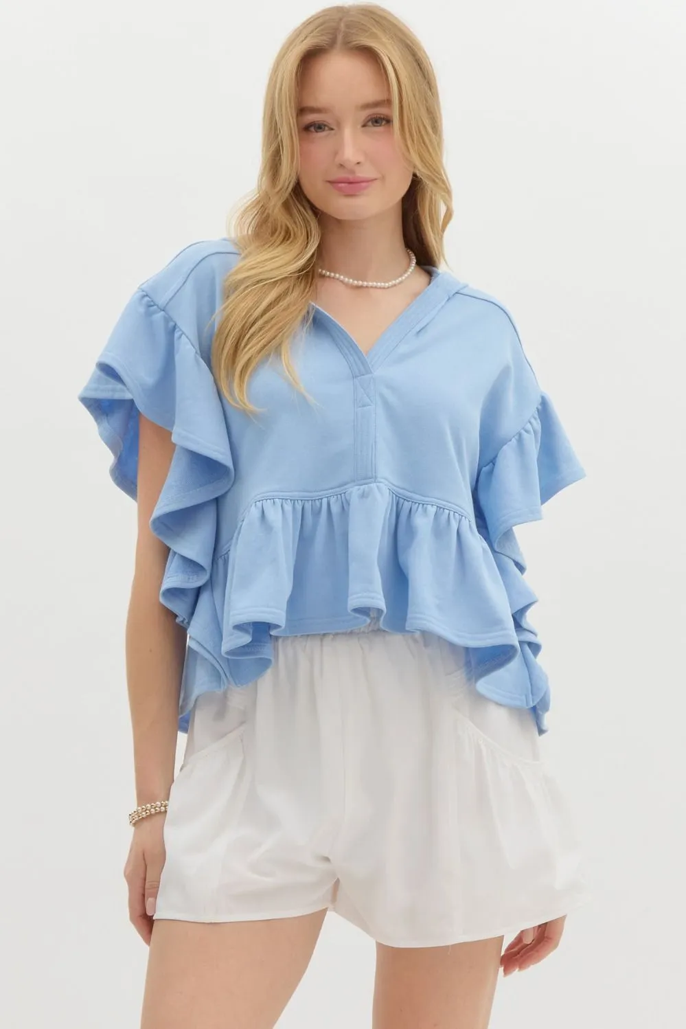 Oversized French Terry Flutter Short Sleeve Hooded Top