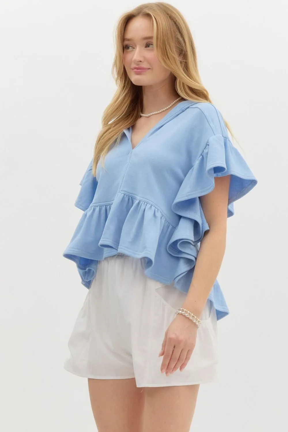 Oversized French Terry Flutter Short Sleeve Hooded Top