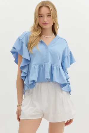 Oversized French Terry Flutter Short Sleeve Hooded Top