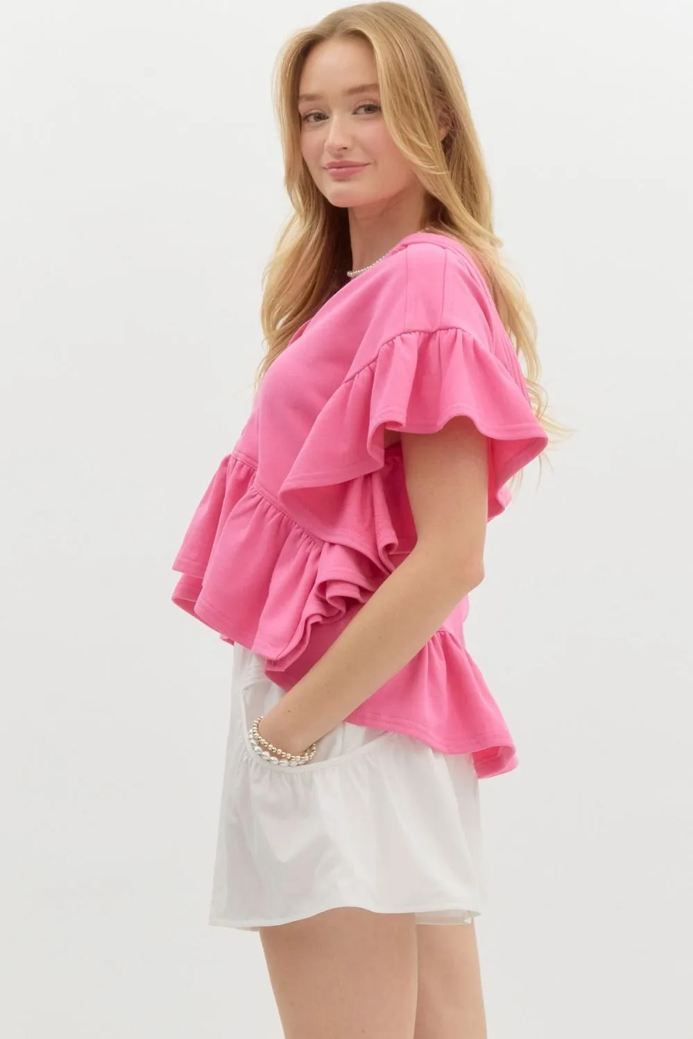 Oversized French Terry Flutter Short Sleeve Hooded Top