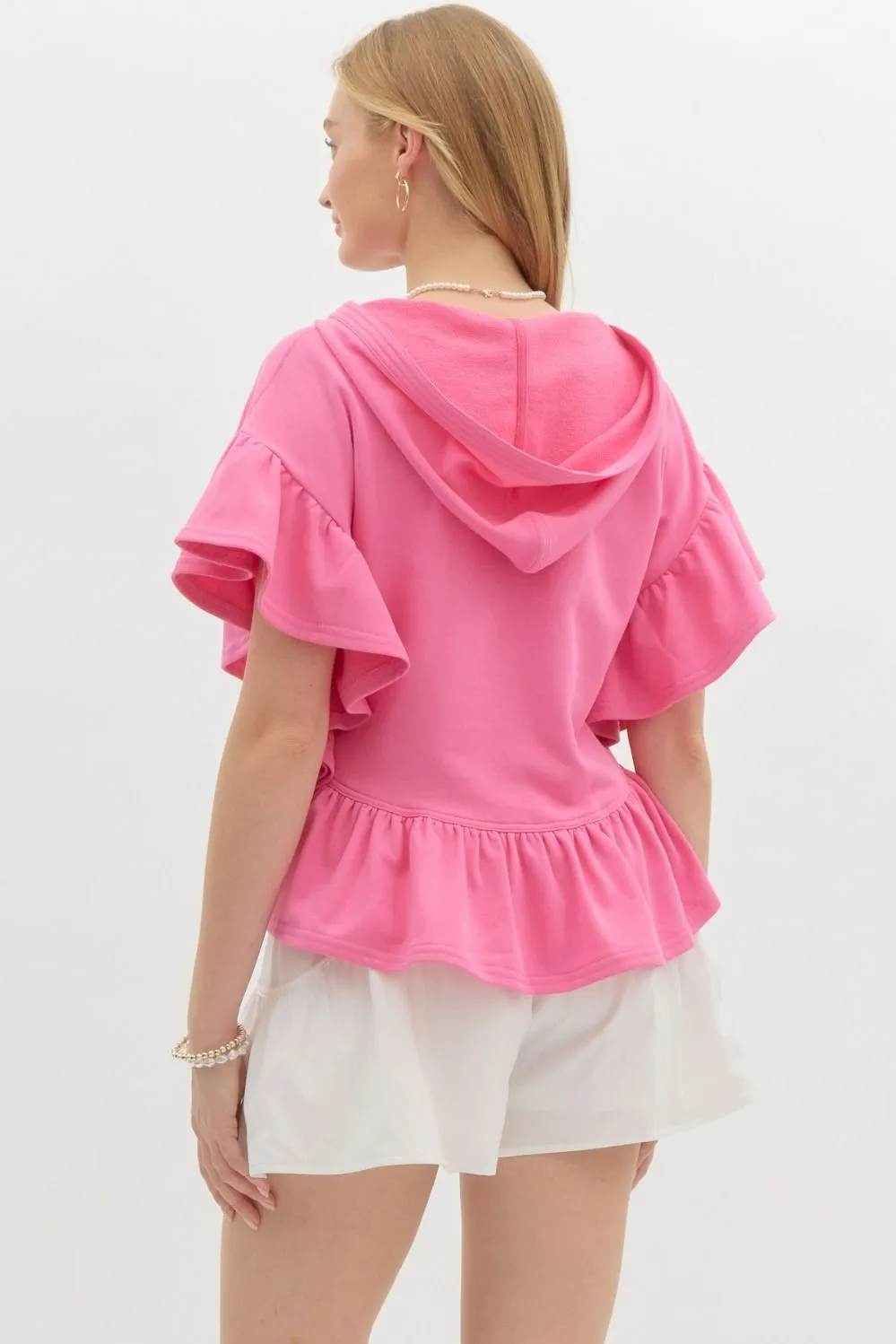 Oversized French Terry Flutter Short Sleeve Hooded Top