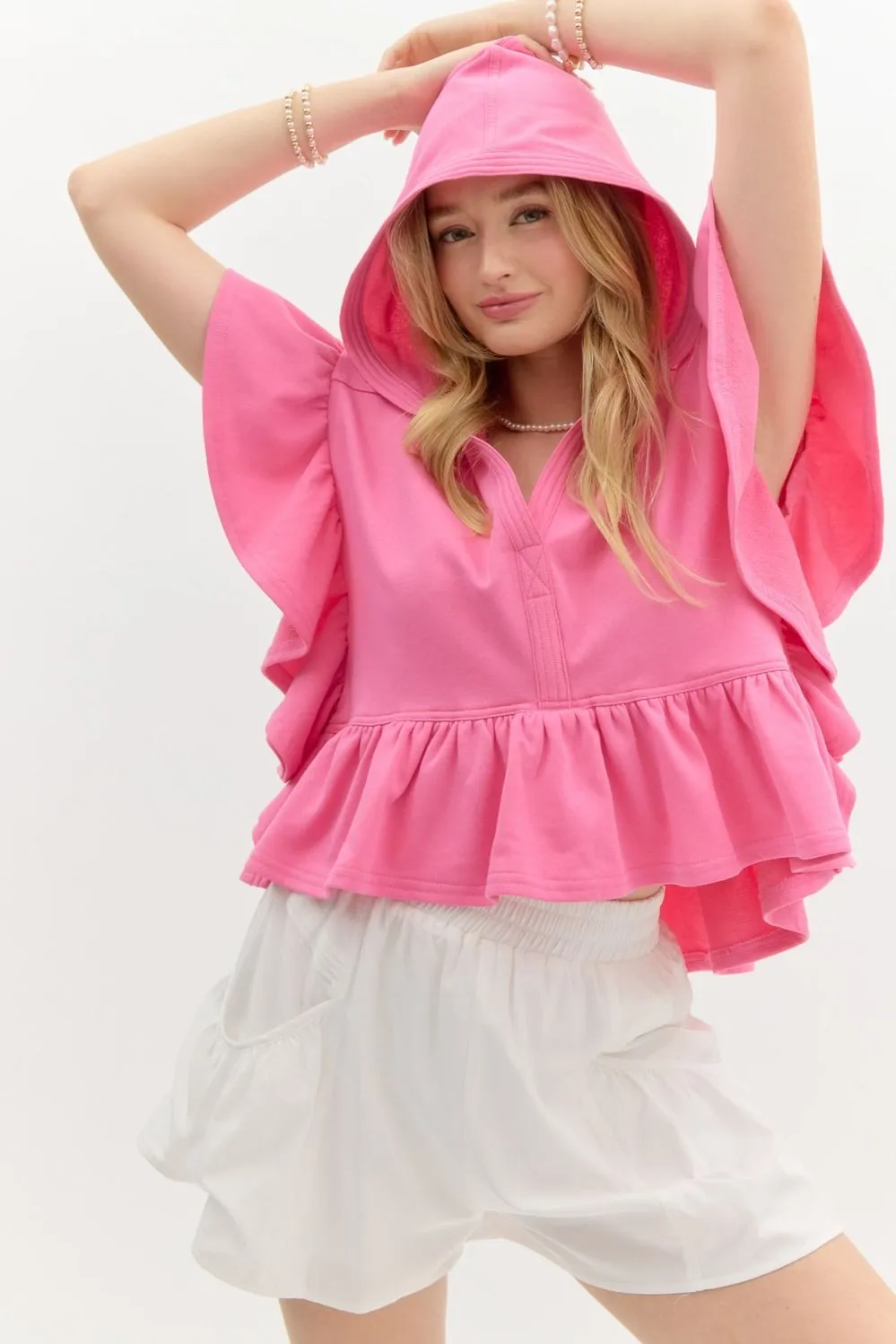 Oversized French Terry Flutter Short Sleeve Hooded Top