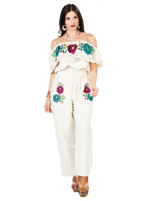 Palazzo Jumpsuit Artesanal Bordado de Flores para Mujer