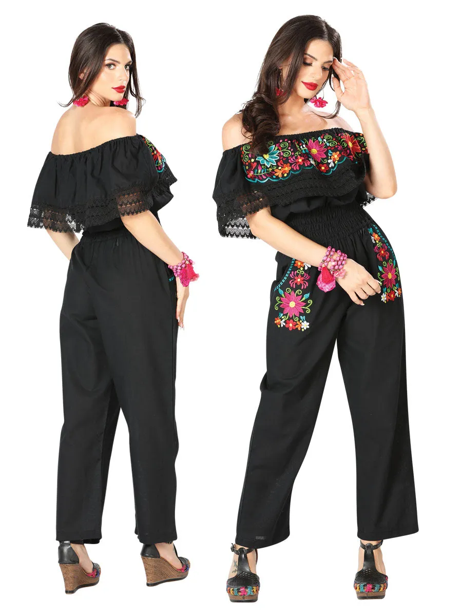 Palazzo Jumpsuit Artesanal Bordado de Flores para Mujer