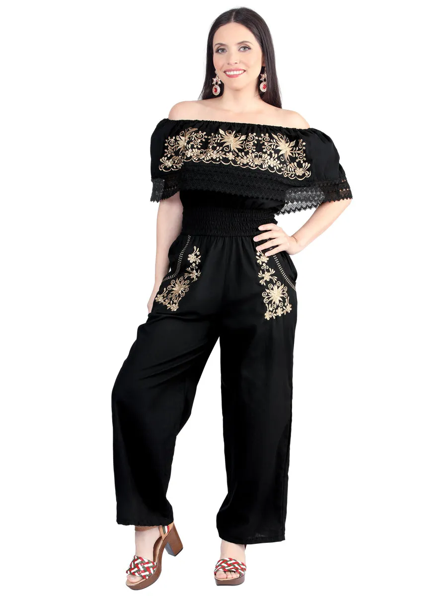 Palazzo Jumpsuit Artesanal Bordado de Flores para Mujer
