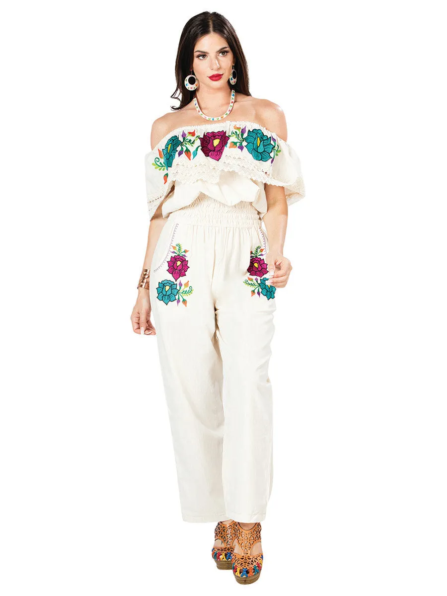 Palazzo Jumpsuit Artesanal Bordado de Flores para Mujer