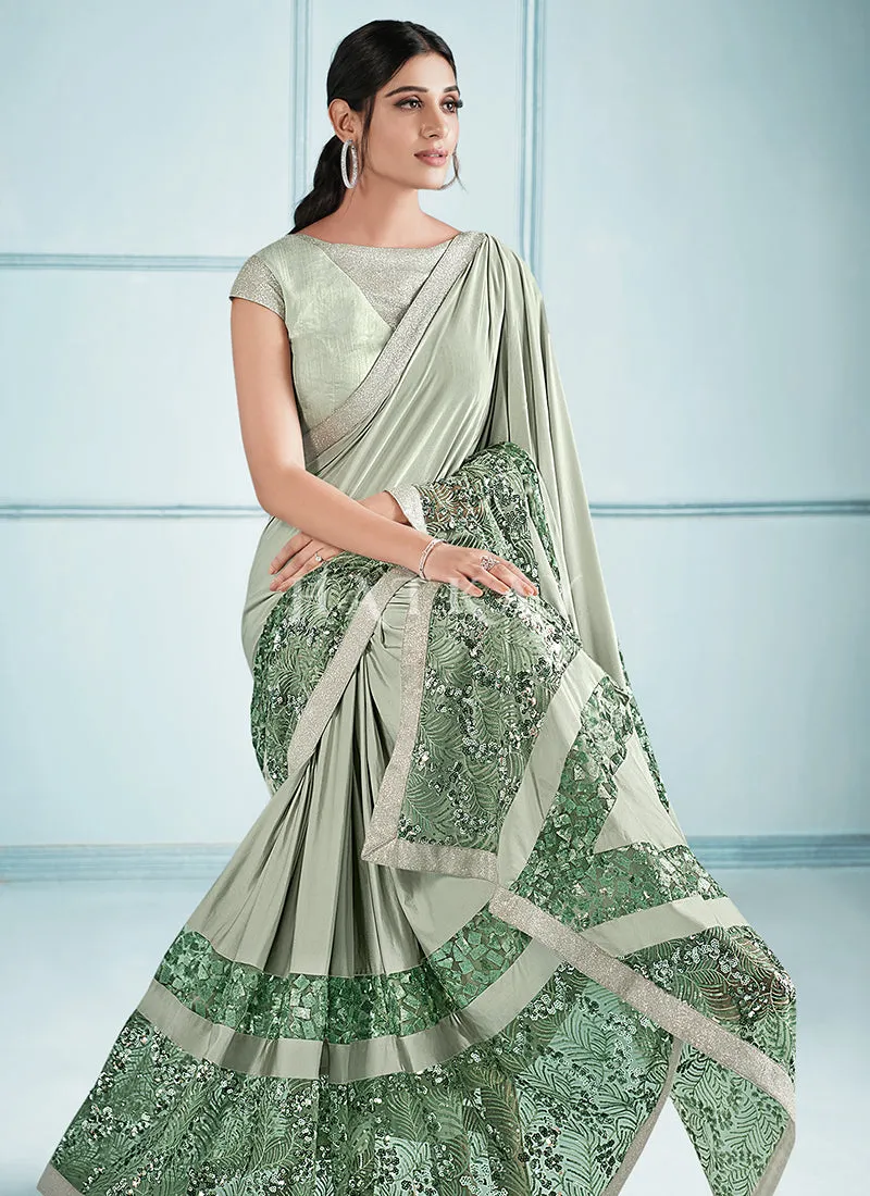 Pale Green Sequence Embroidered Festive Saree