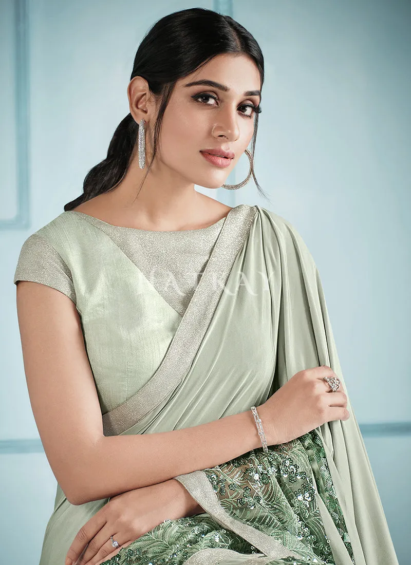 Pale Green Sequence Embroidered Festive Saree