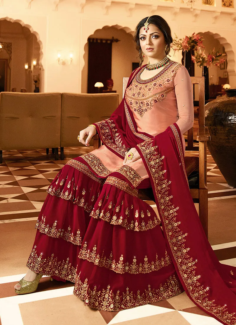 Peach And Red Embroidered Pakistani Gharara Suit