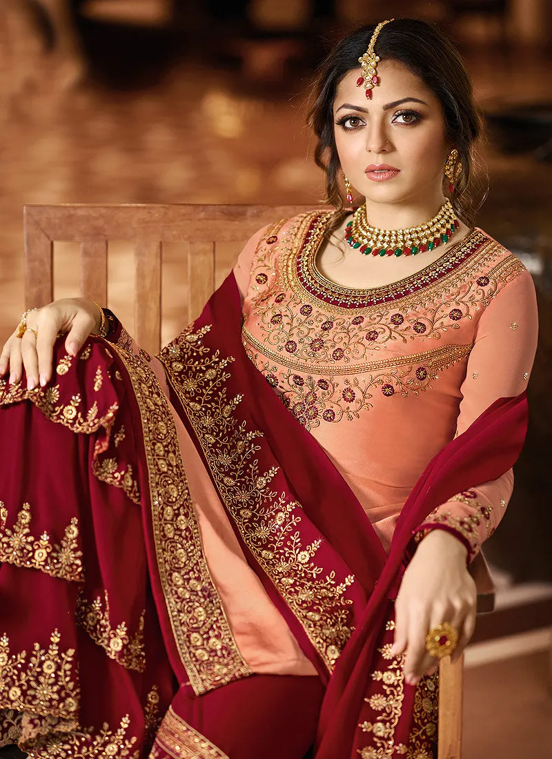 Peach And Red Embroidered Pakistani Gharara Suit