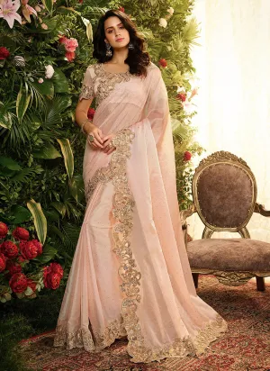 Peach Golden Embroidered Bridal Saree With Blouse