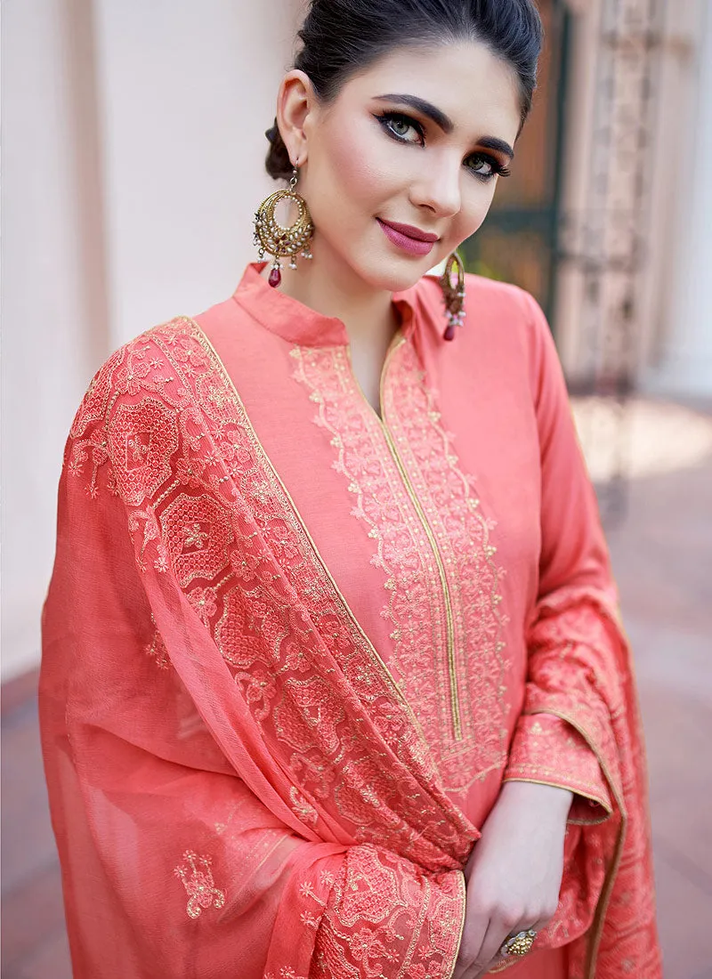 Peach Kashmiri Embroidered Designer Palazzo Suit
