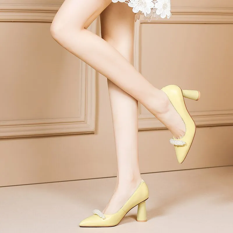 Pearl Decoration Shoes Women Elegant Fashion Sheepskin High Heel