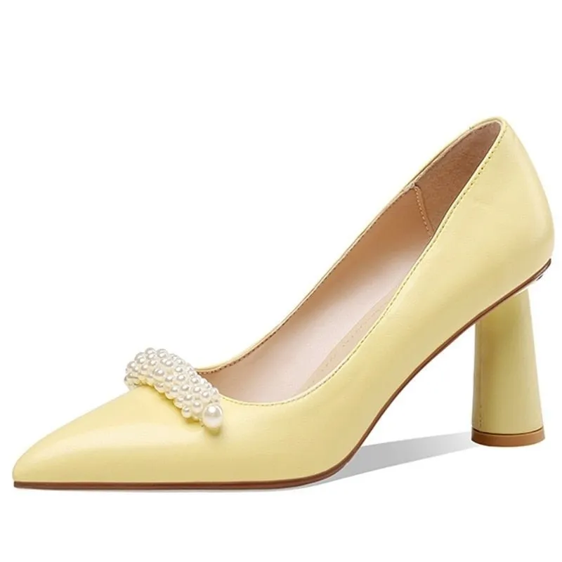 Pearl Decoration Shoes Women Elegant Fashion Sheepskin High Heel