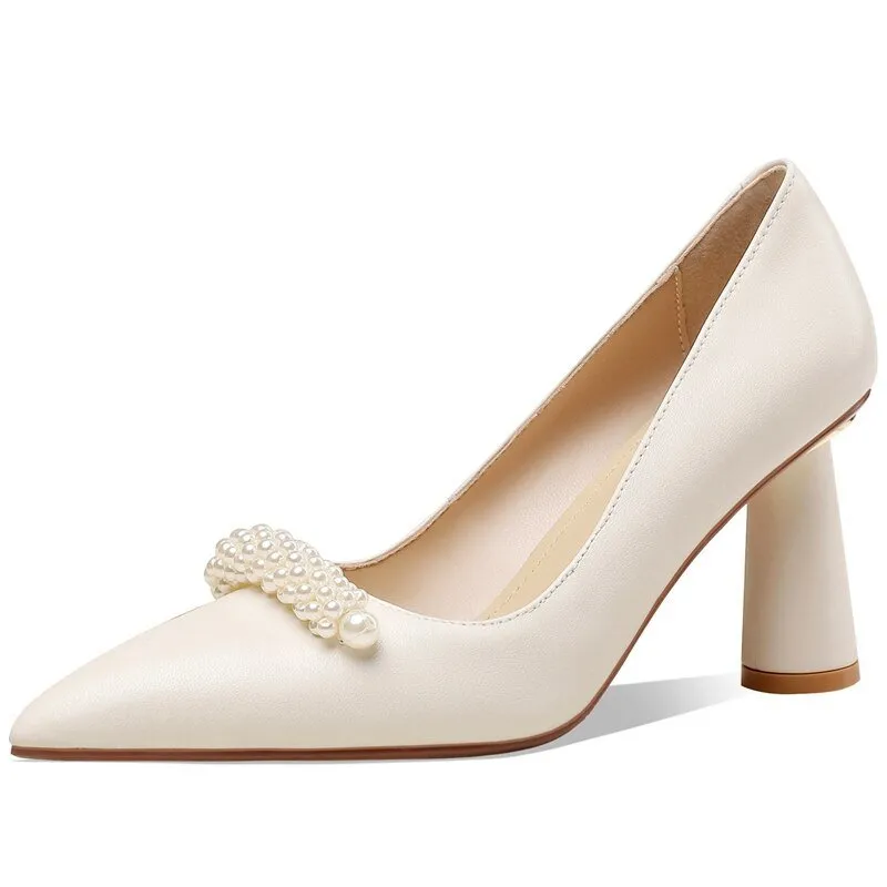 Pearl Decoration Shoes Women Elegant Fashion Sheepskin High Heel