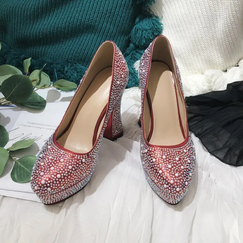 Pearl Rhinestone Round Toe BlingBling Pumps
