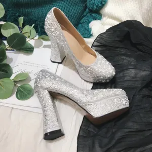 Pearl Rhinestone Round Toe BlingBling Pumps
