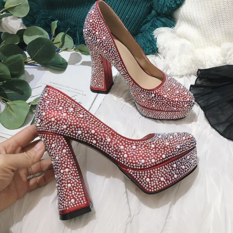 Pearl Rhinestone Round Toe BlingBling Pumps