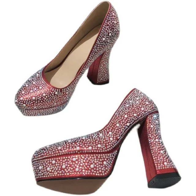 Pearl Rhinestone Round Toe BlingBling Pumps