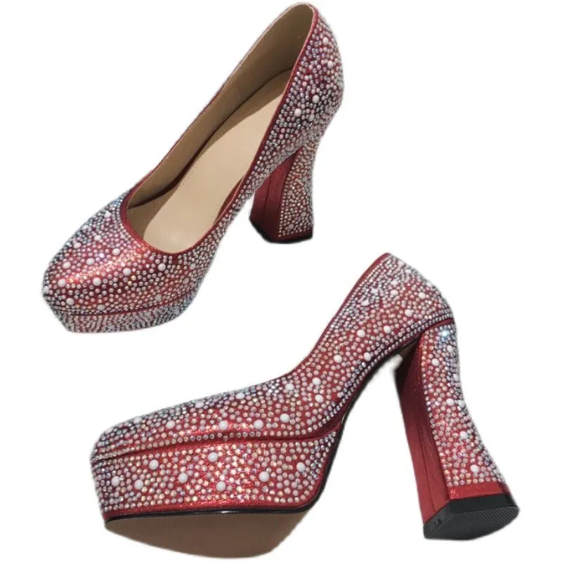 Pearl Rhinestone Round Toe BlingBling Pumps