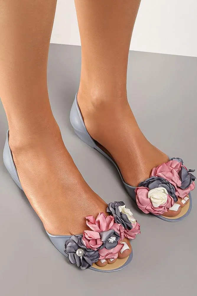 Peep Toe Flower Applique Strap Flat Shoes