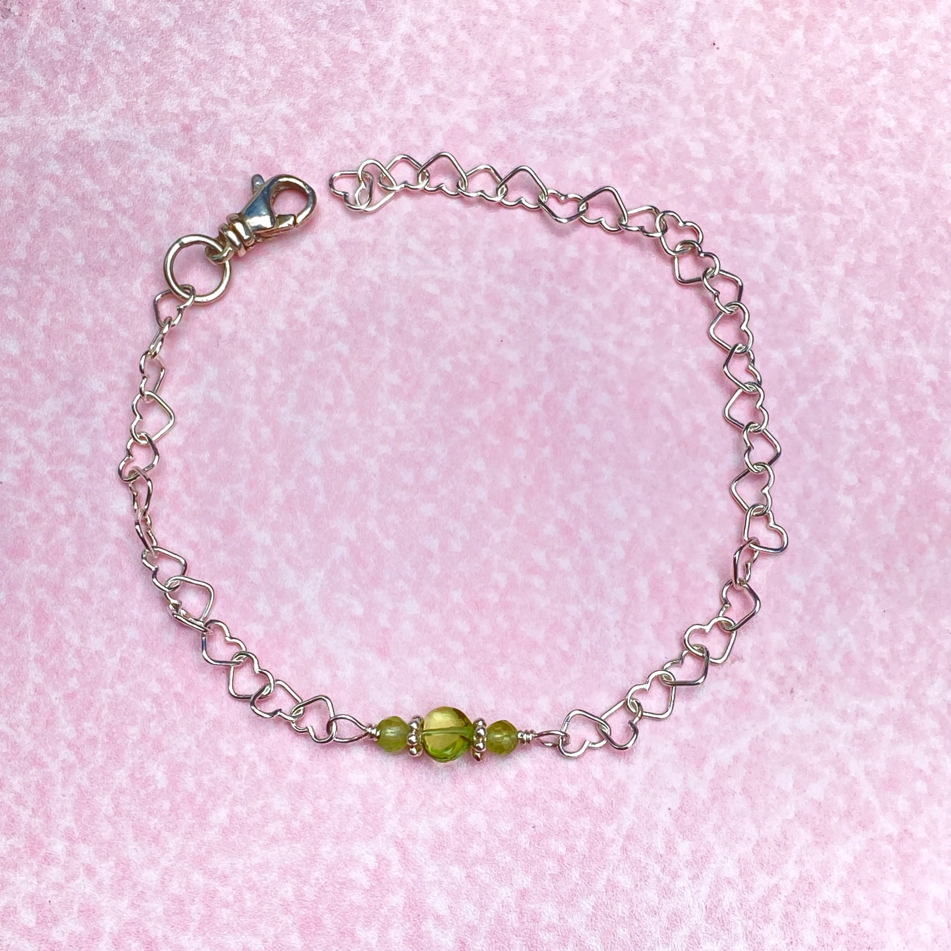 Peridot gemstone heart and silver heart chain bracelet with clasp
