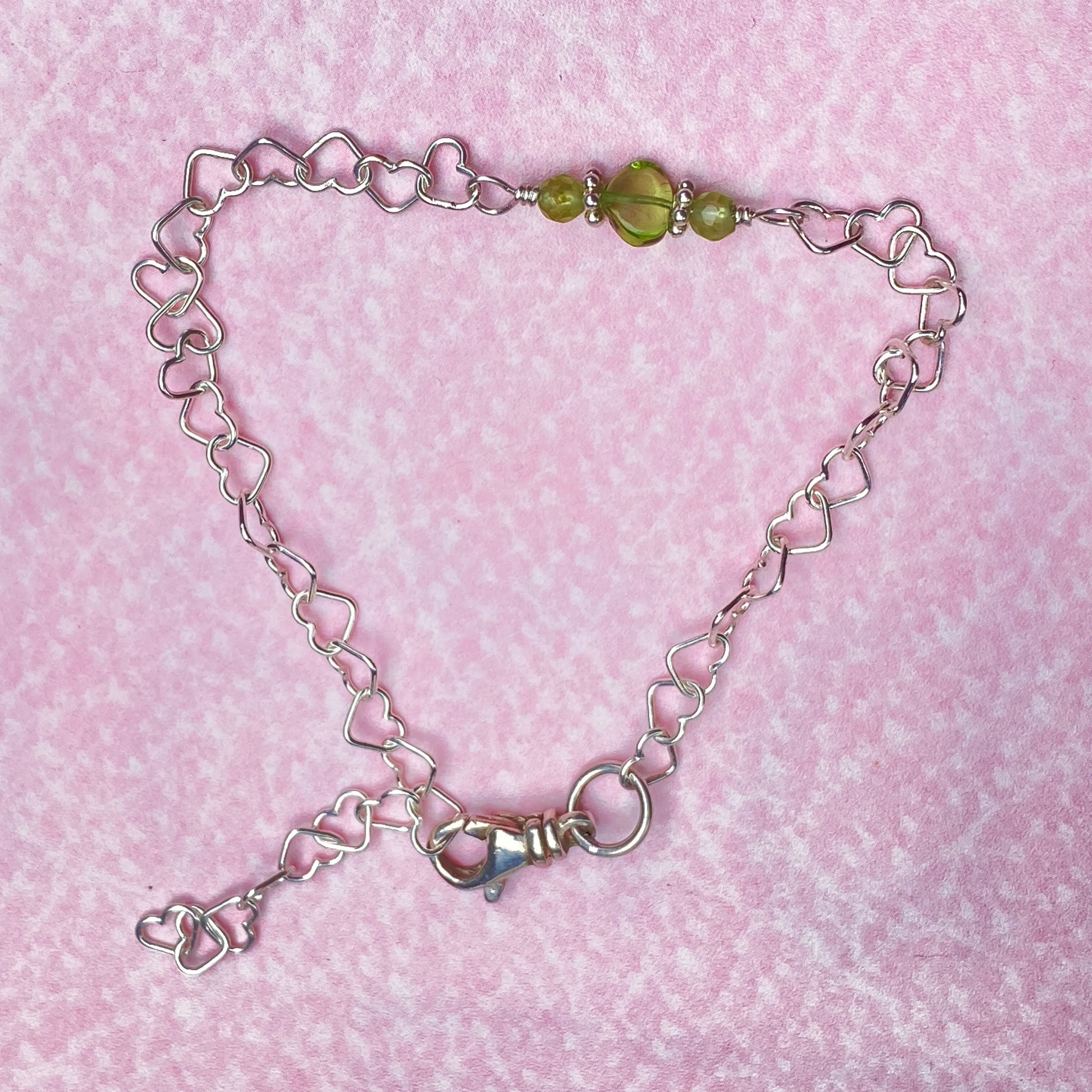 Peridot gemstone heart and silver heart chain bracelet with clasp