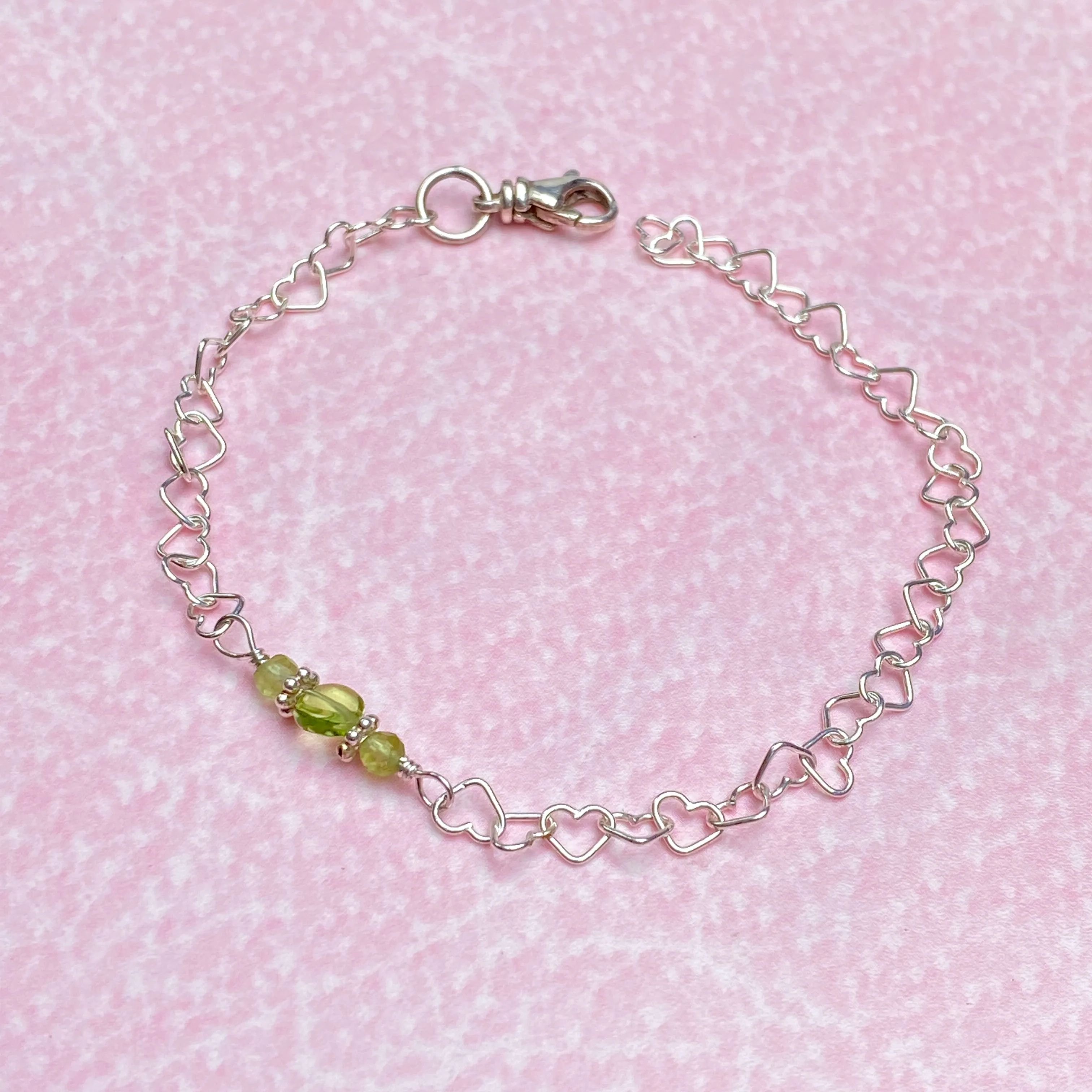 Peridot gemstone heart and silver heart chain bracelet with clasp