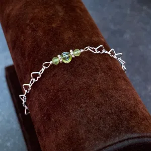 Peridot gemstone heart and silver heart chain bracelet with clasp