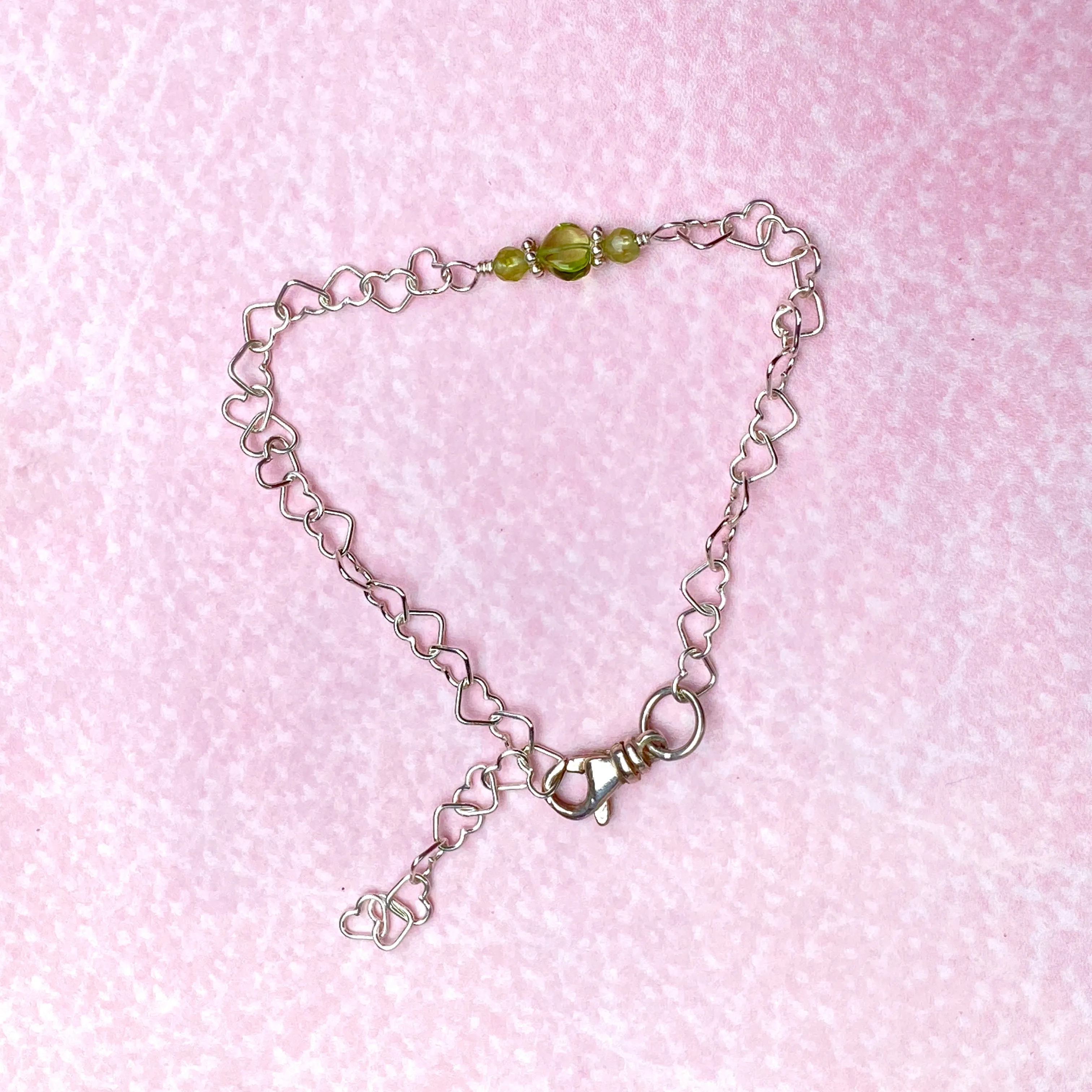 Peridot gemstone heart and silver heart chain bracelet with clasp