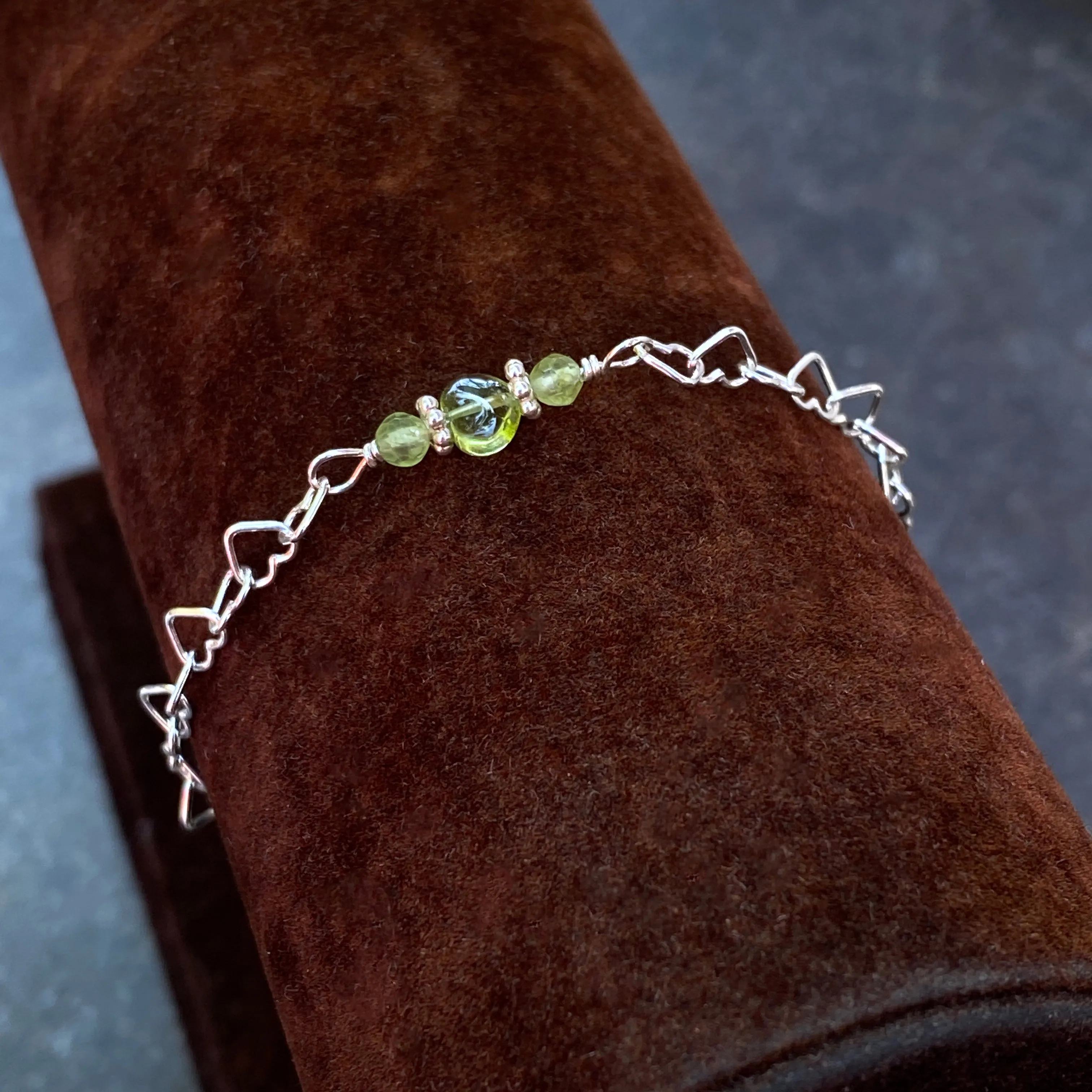Peridot gemstone heart and silver heart chain bracelet with clasp