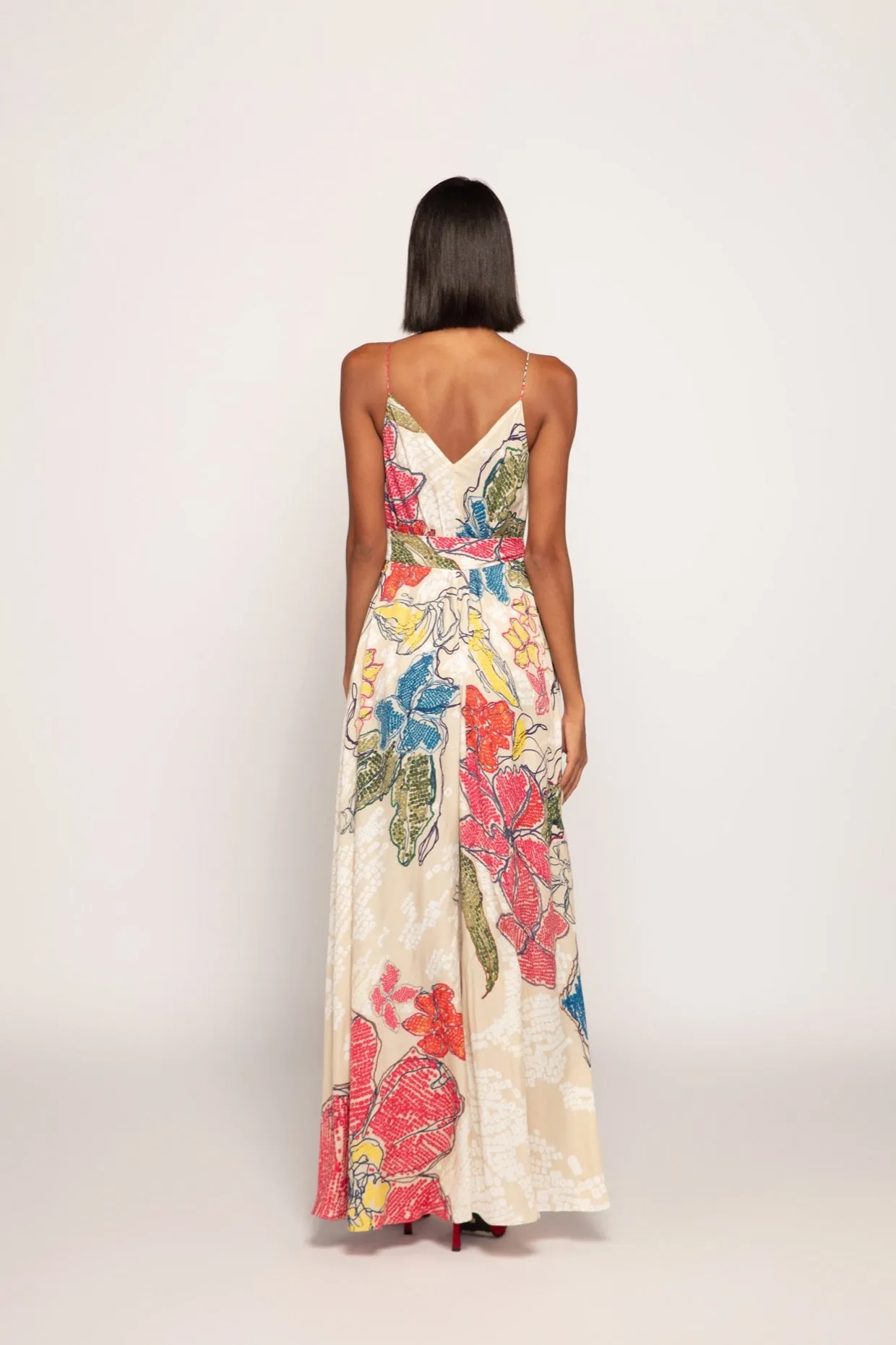 Periwinkle Bandhani Print V Neck Column Dress With Detachable Belt