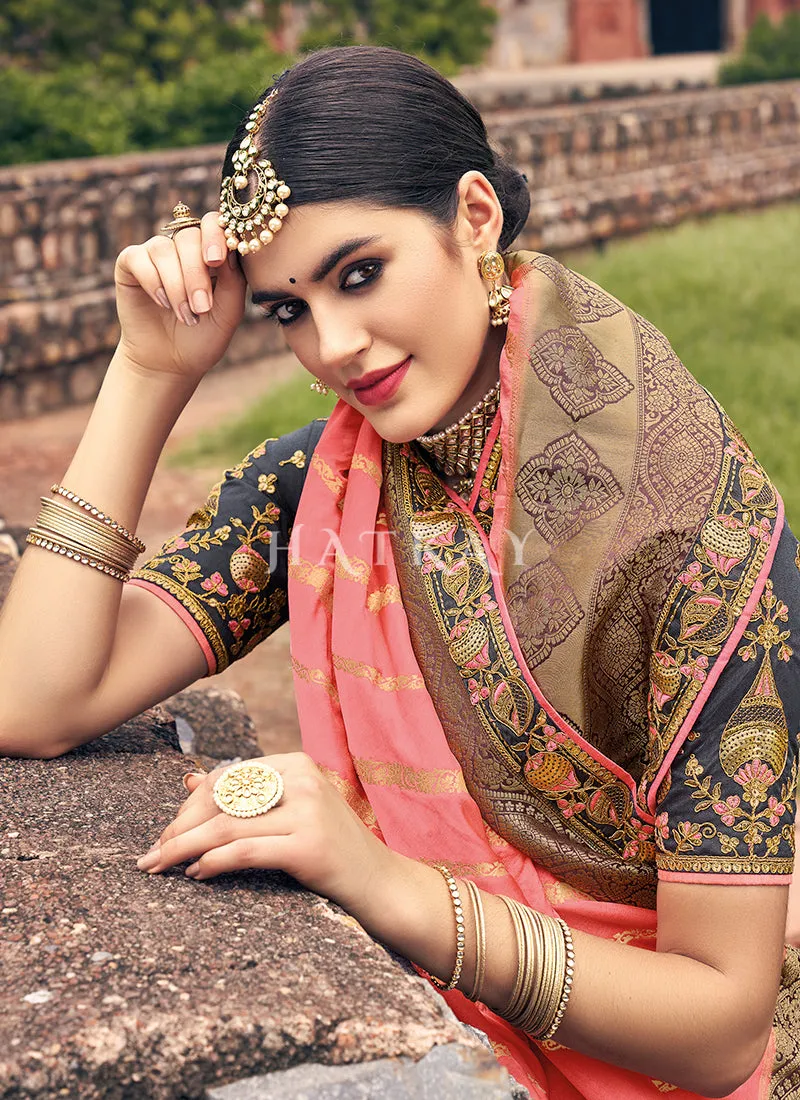 Pink And Grey Designer Wedding Saree