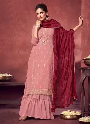 Pink And Maroon Embroidered Georgette Gharara Suit