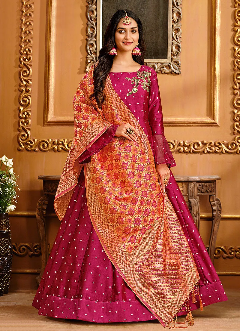 Pink And Orange Embroidered Silk Anarkali Suit
