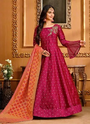 Pink And Orange Embroidered Silk Anarkali Suit