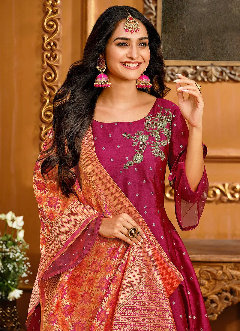 Pink And Orange Embroidered Silk Anarkali Suit