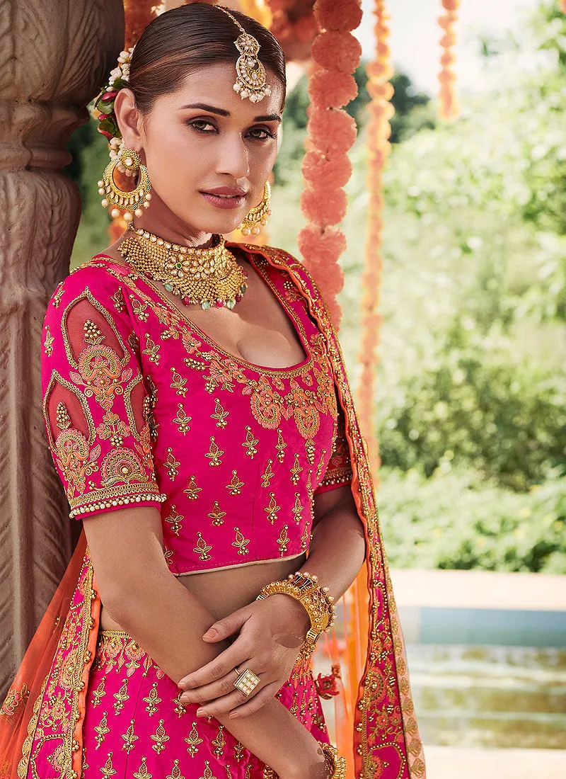 Pink And Peach Zari Embroidered Wedding Lehenga Choli