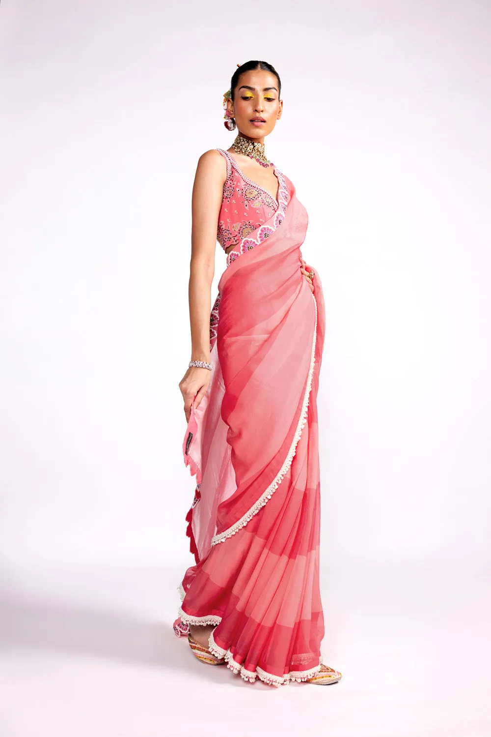 Pink Color Block Color Block Saree