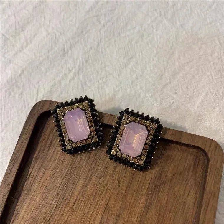 Pink Crystal & Cubic Zirconia Square Stud Earrings