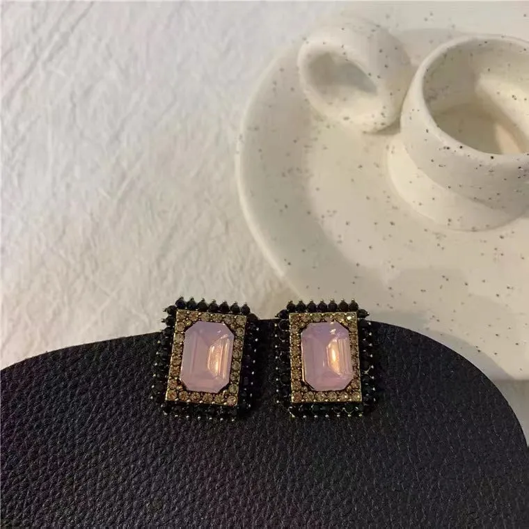 Pink Crystal & Cubic Zirconia Square Stud Earrings