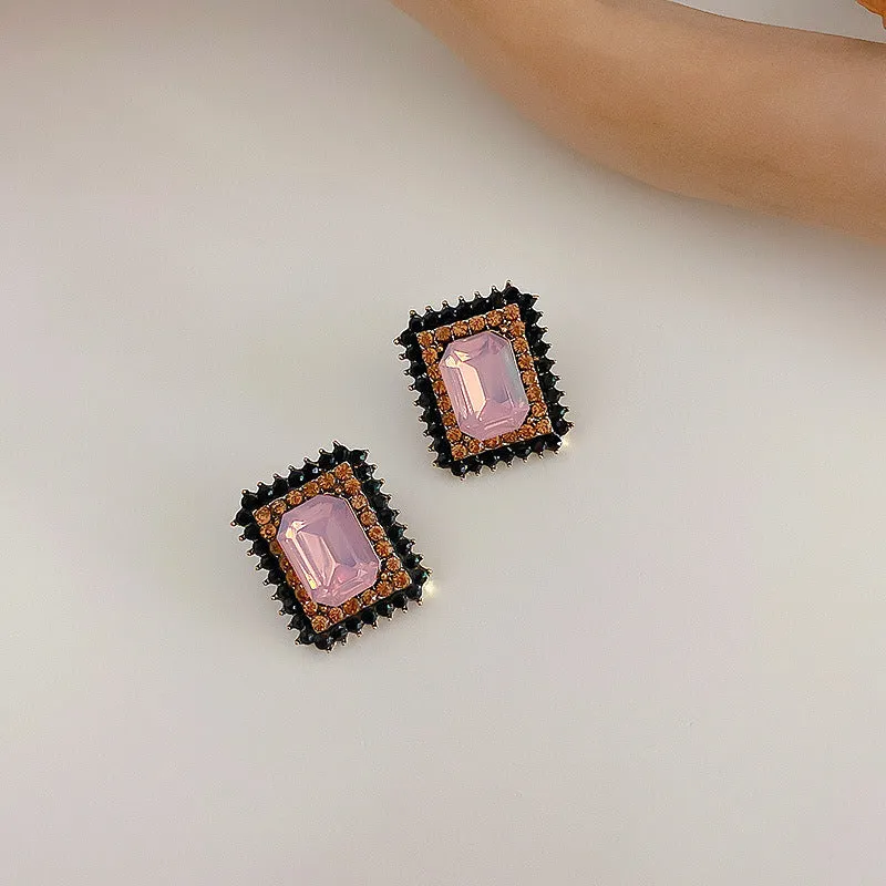 Pink Crystal & Cubic Zirconia Square Stud Earrings