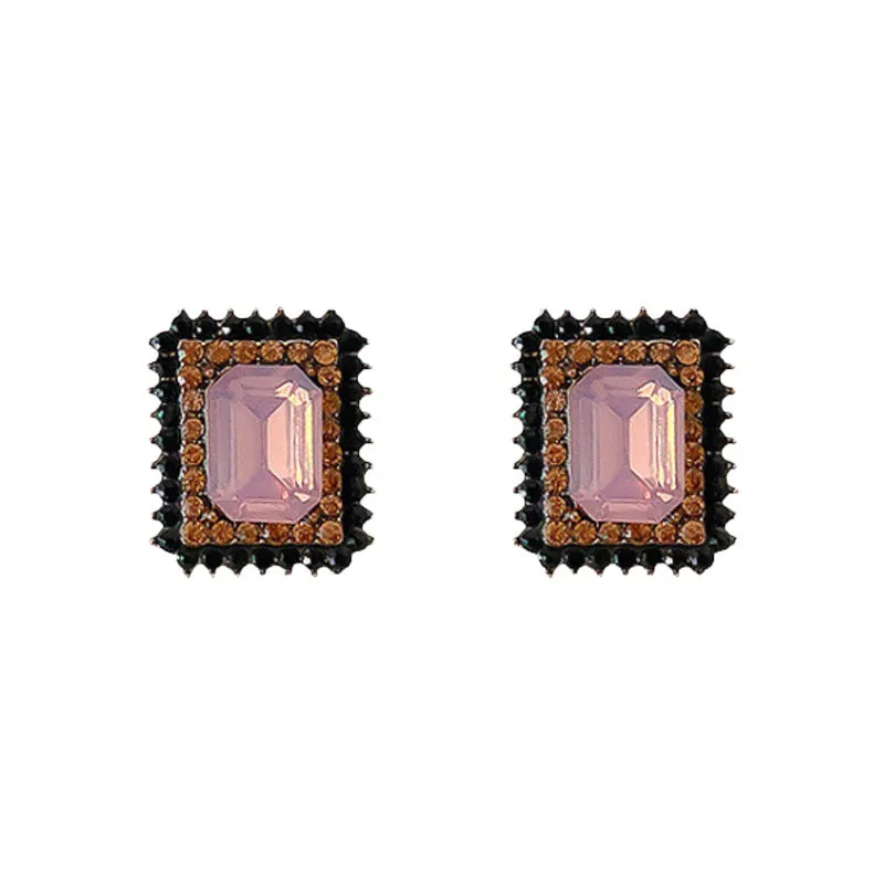 Pink Crystal & Cubic Zirconia Square Stud Earrings
