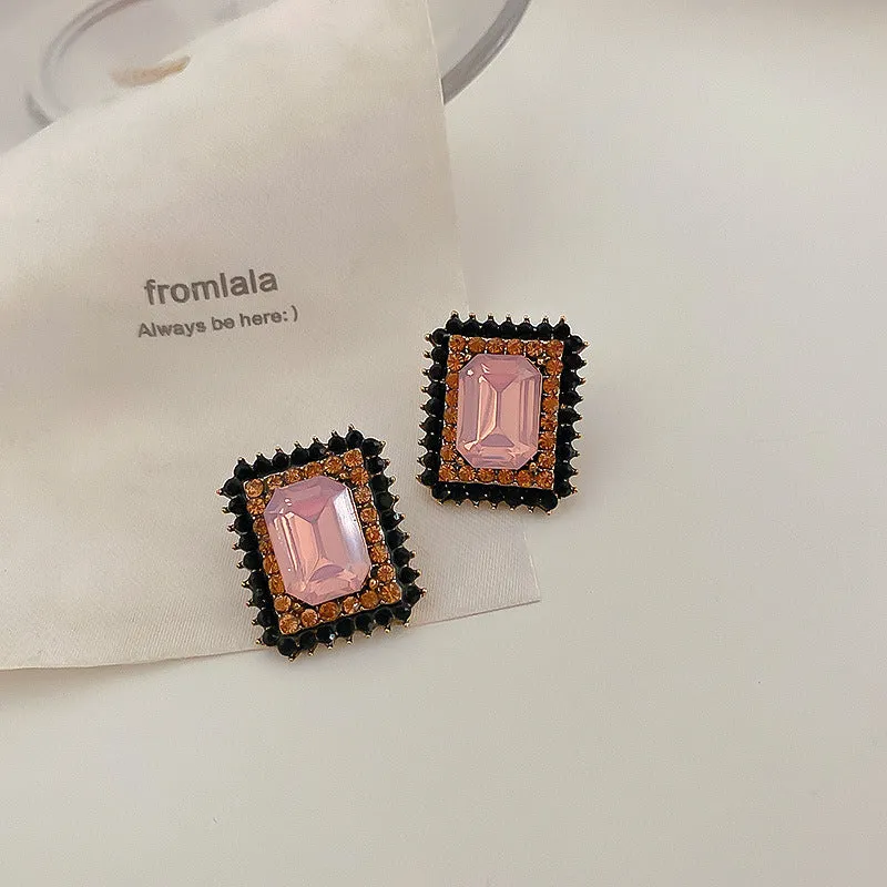 Pink Crystal & Cubic Zirconia Square Stud Earrings