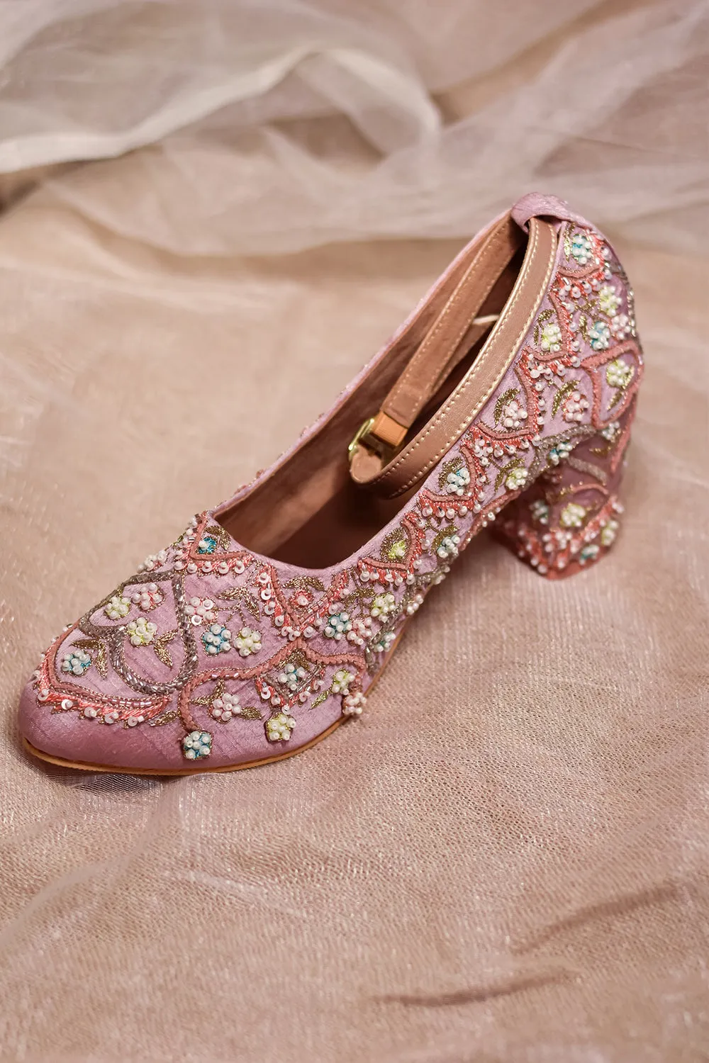 Pink Embroidered Heels