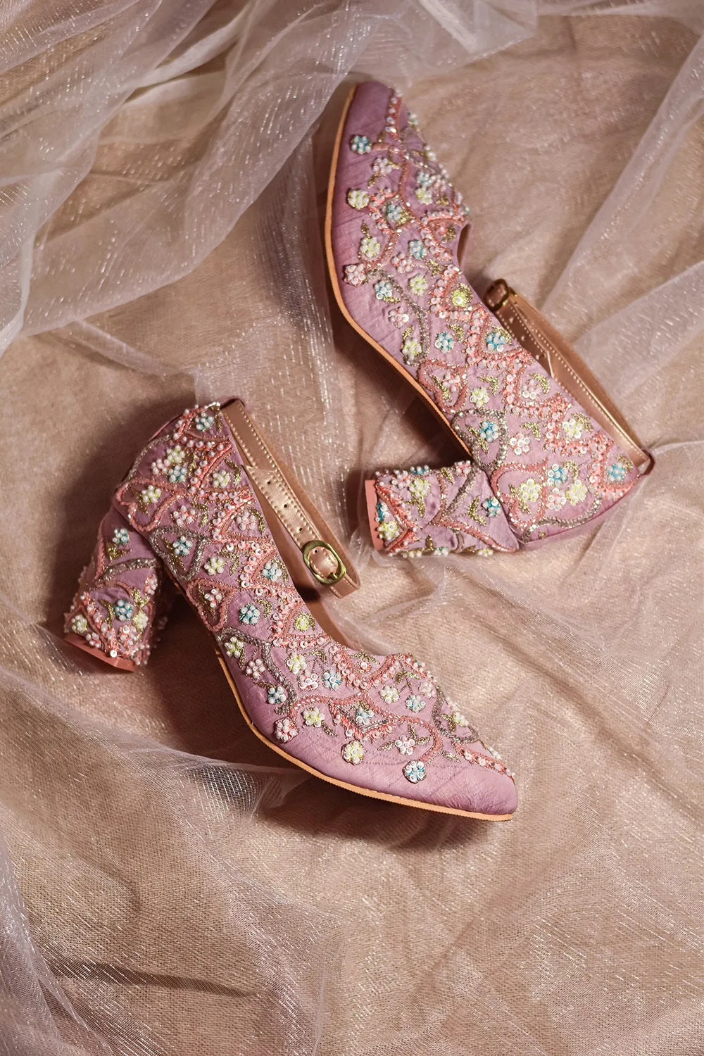 Pink Embroidered Heels