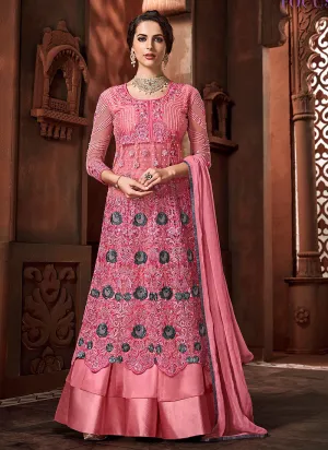 Pink Embroidered Lehenga Style Anarkali Suit