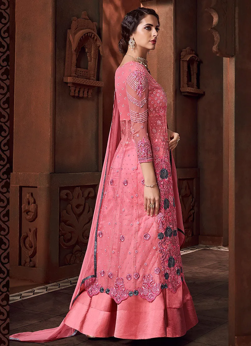 Pink Embroidered Lehenga Style Anarkali Suit