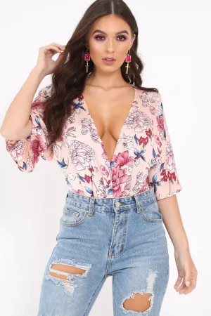 Pink Floral Satin Plunge Bodysuit - Feona